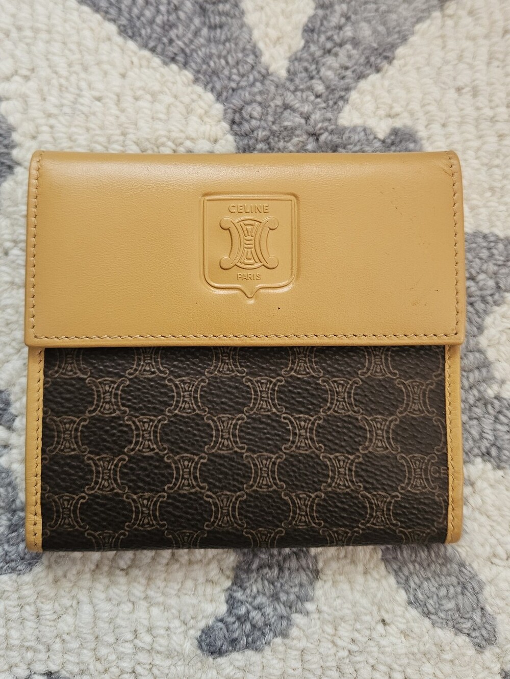 EUC CELINE Paris Vintage Triomphe Monogram & Tan Leather 2 sided Wallet - Picture 1 of 14